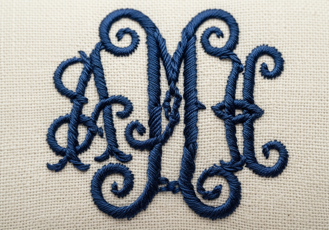 Close-up of embroidered custom pillow showing raised thread texture on monogrammed initials