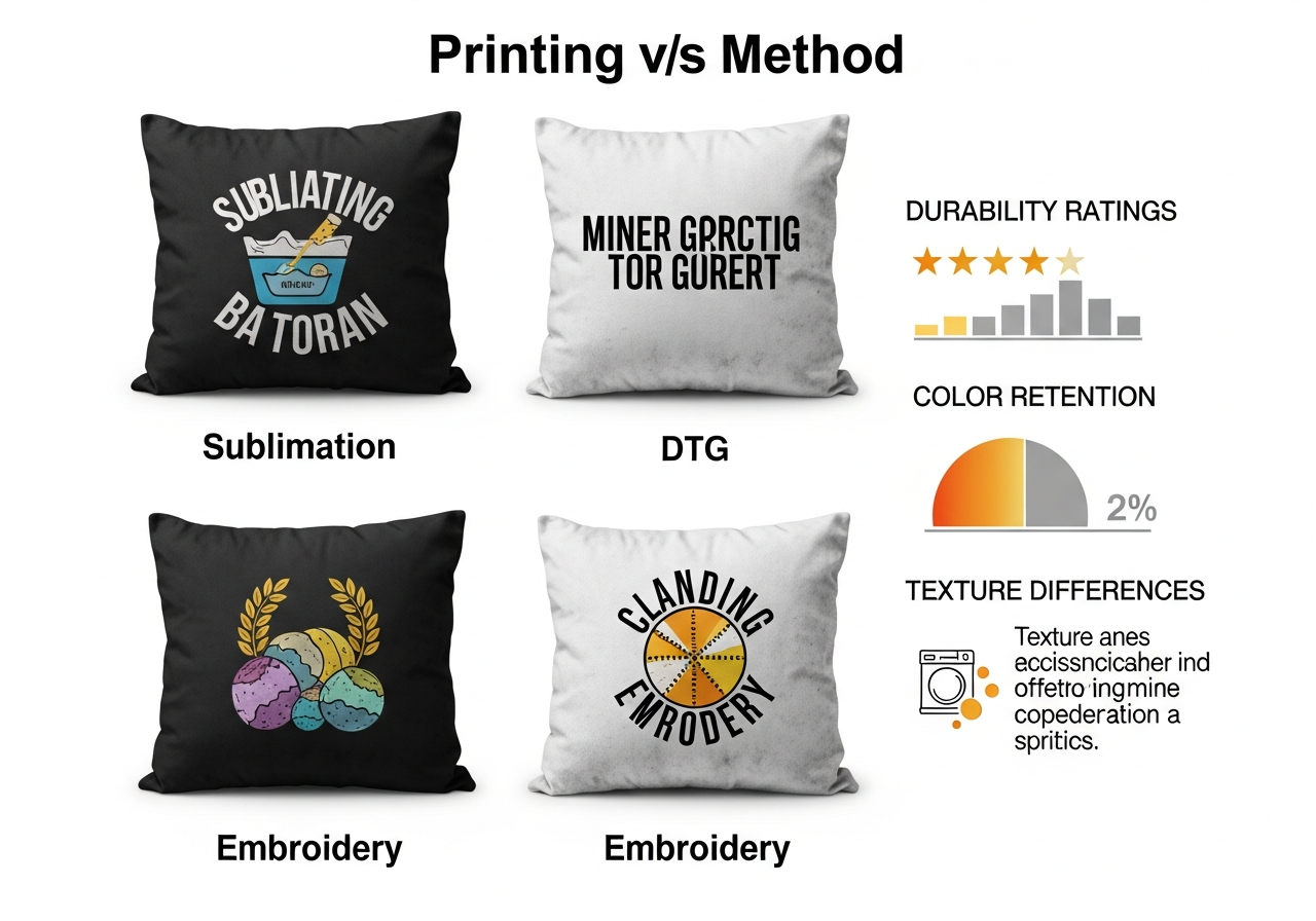 Custom pillow printing methods comparison chart showing durability color quality and cost differences