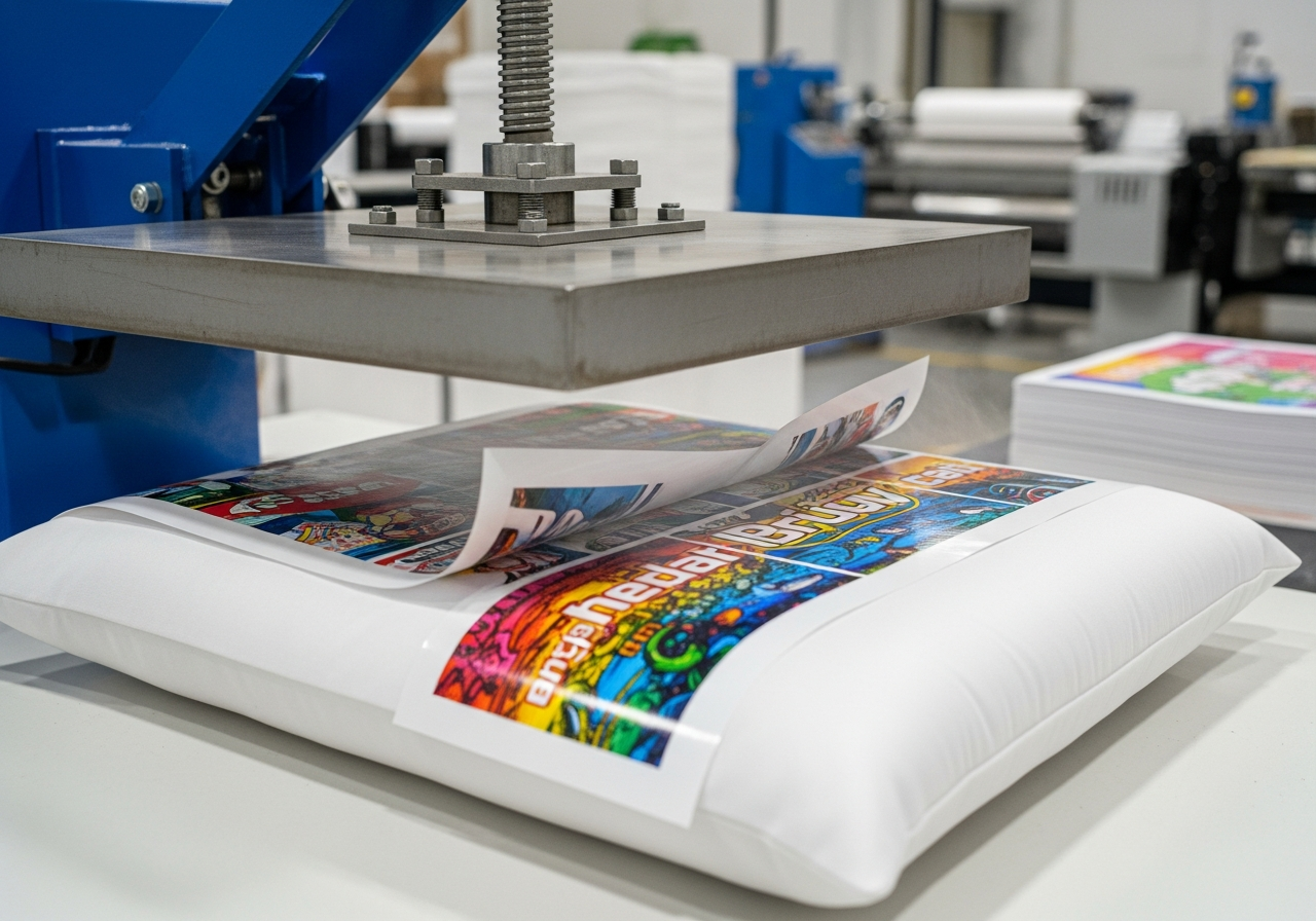 Sublimation printing process for custom pillows showing transfer paper heat press and finished pillow result