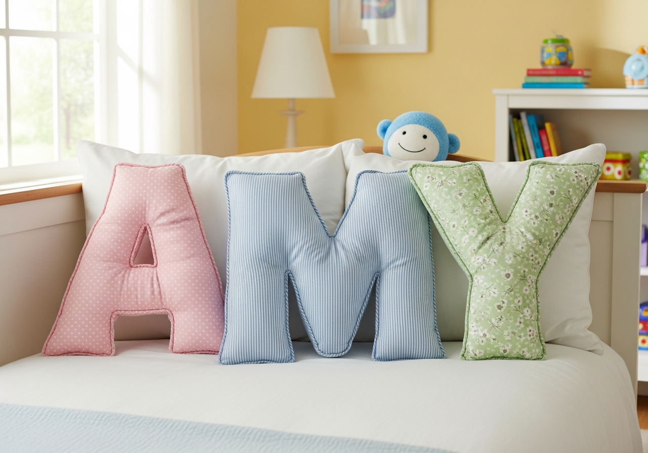 Custom letter shaped and state outline pillows showing alphabet initials and geographic silhouette cushion designs