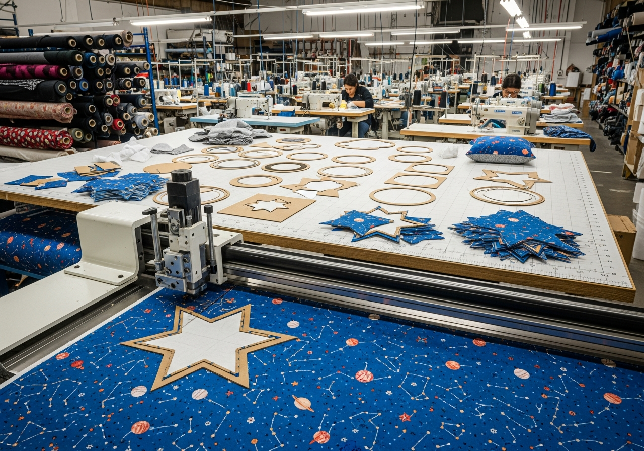 Custom shaped pillow manufacturing process showing pattern creation digital cutting sewing and filling steps