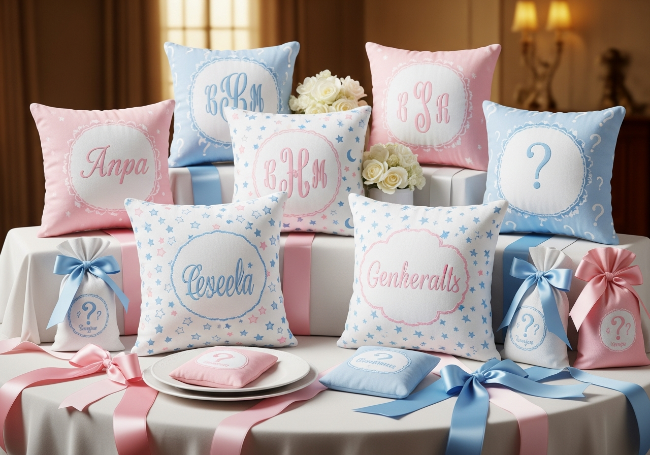 Custom baby shower pillow favors featuring pastel designs baby name monogram and gender reveal themes