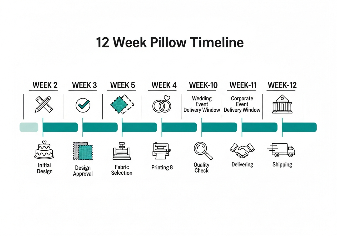 Custom event pillow ordering timeline showing 12-week planning schedule from design to delivery for weddings and events