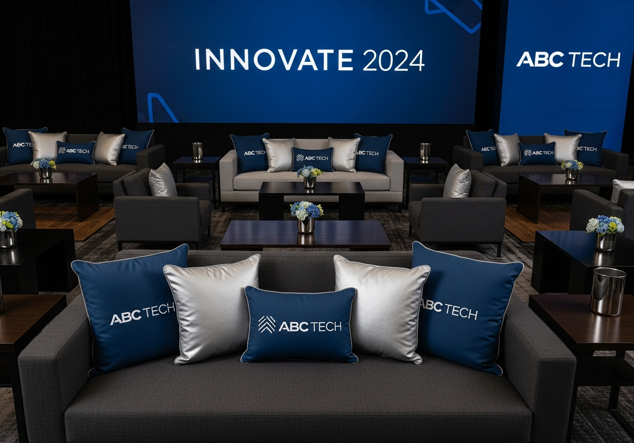 Custom branded corporate event pillows showing logo placement at conference lounge trade show booth and office setting