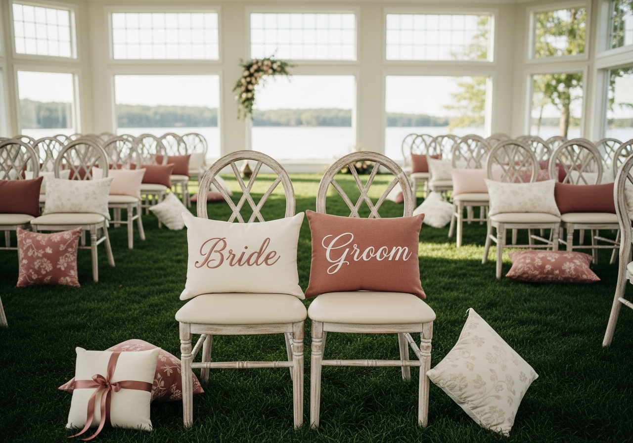 Custom wedding pillows displayed at reception including ring bearer pillow lounge throw pillows and mini guest favors