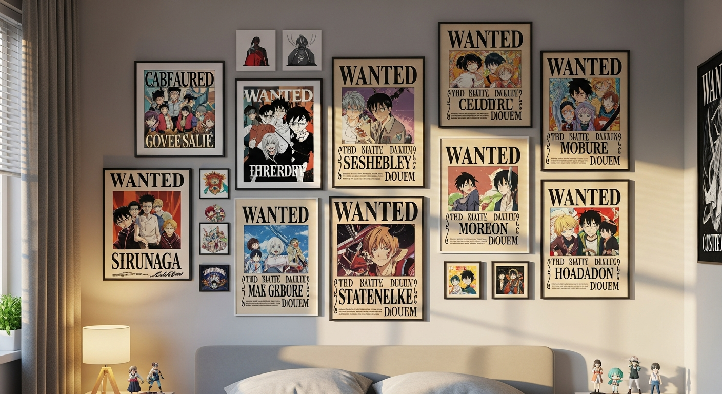 Custom anime poster gallery wall display showing character portraits bounty posters and scene art in various sizes
