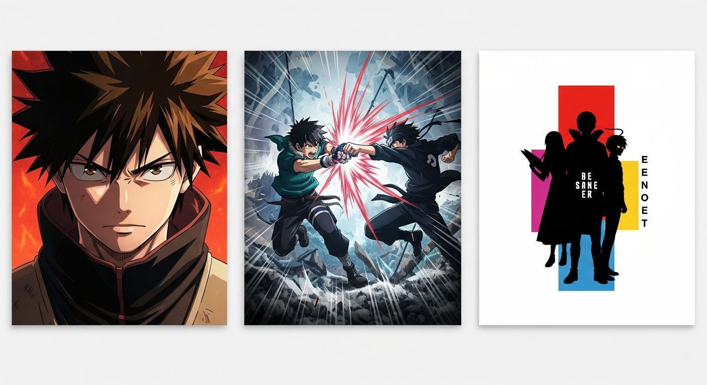 Popular custom anime poster styles showing character portrait scene reproduction and minimalist silhouette designs