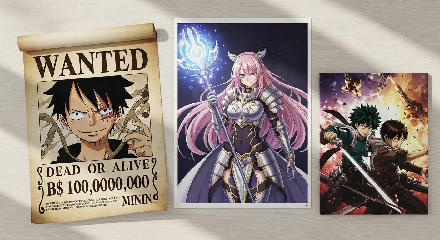 Finished custom anime posters including One Piece bounty poster character art and fan art prints on various materials