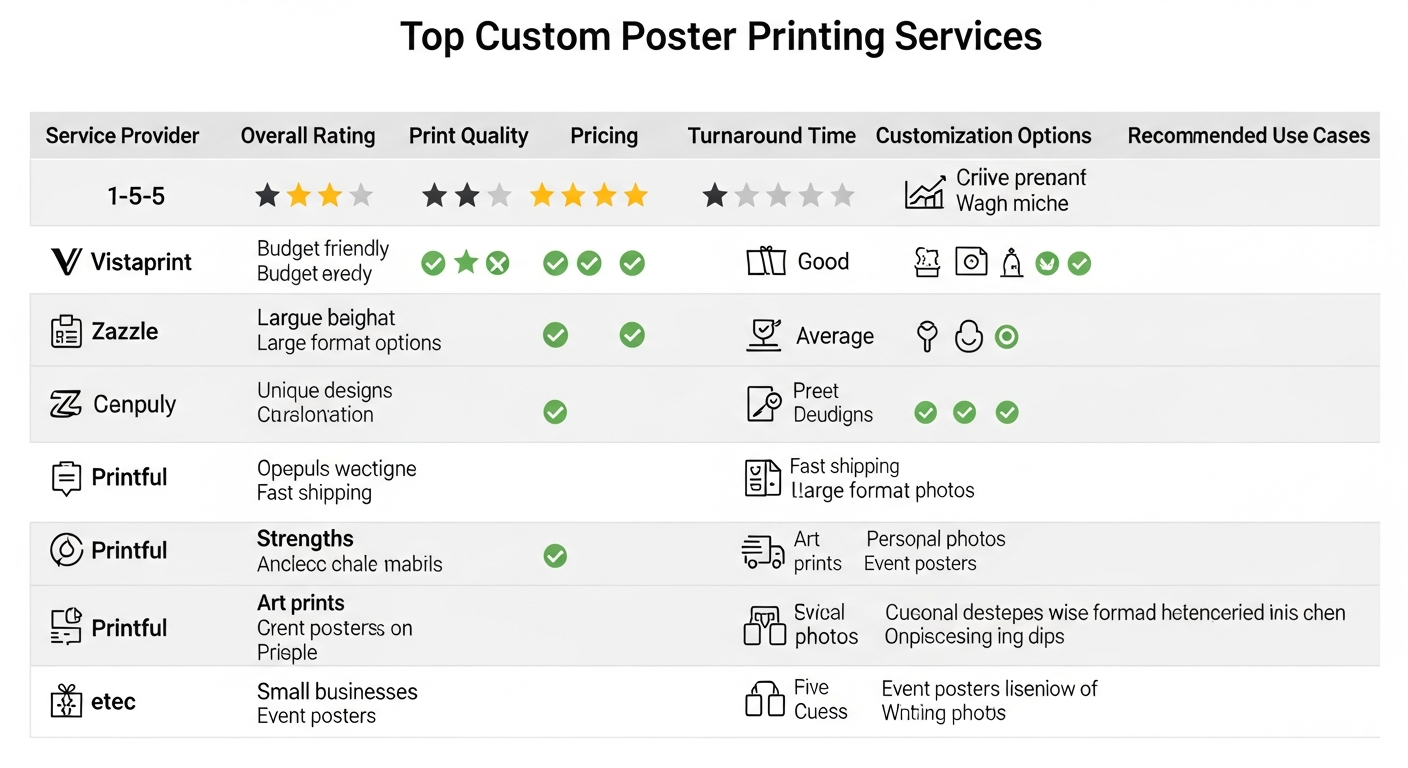 Summary comparison table of top custom poster printing services showing strengths of each provider
