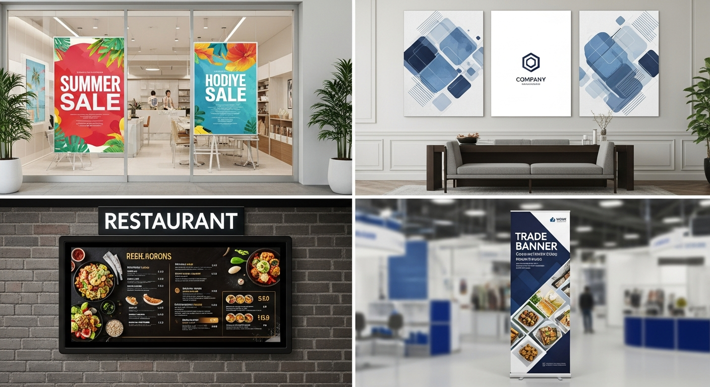Collection of custom business posters showing retail window office lobby menu board and trade show applications
