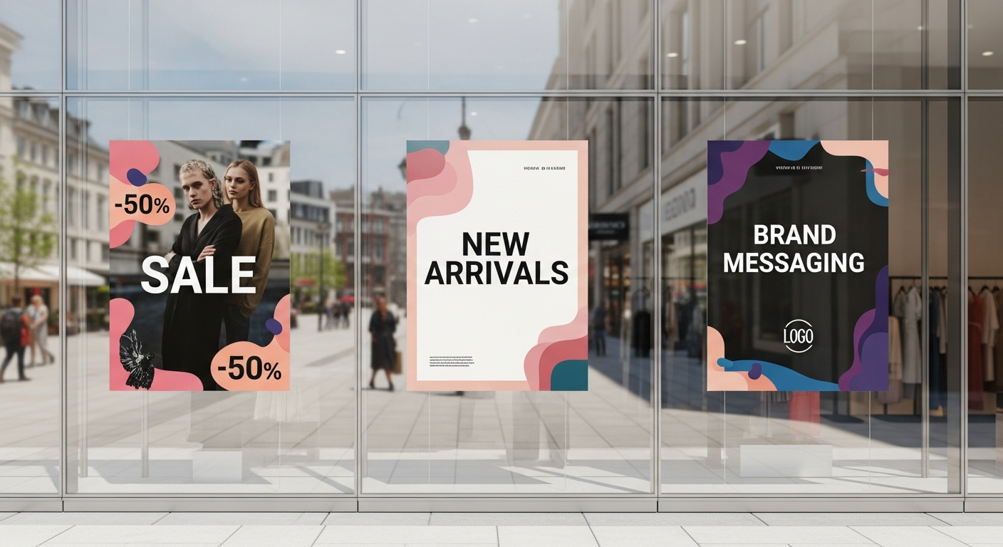 Custom business posters in retail storefront windows showing sale announcements new arrivals and brand messaging