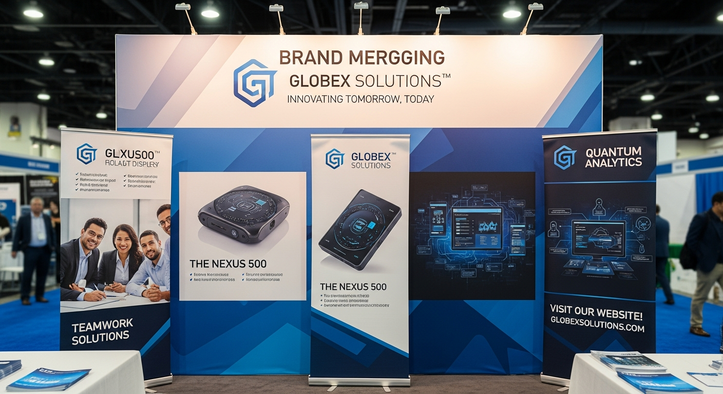 Custom business posters at trade show booth showing brand messaging product displays and booth graphics