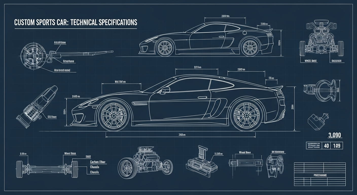 Blueprint style custom car poster showing technical specifications and side profile on dark blue background