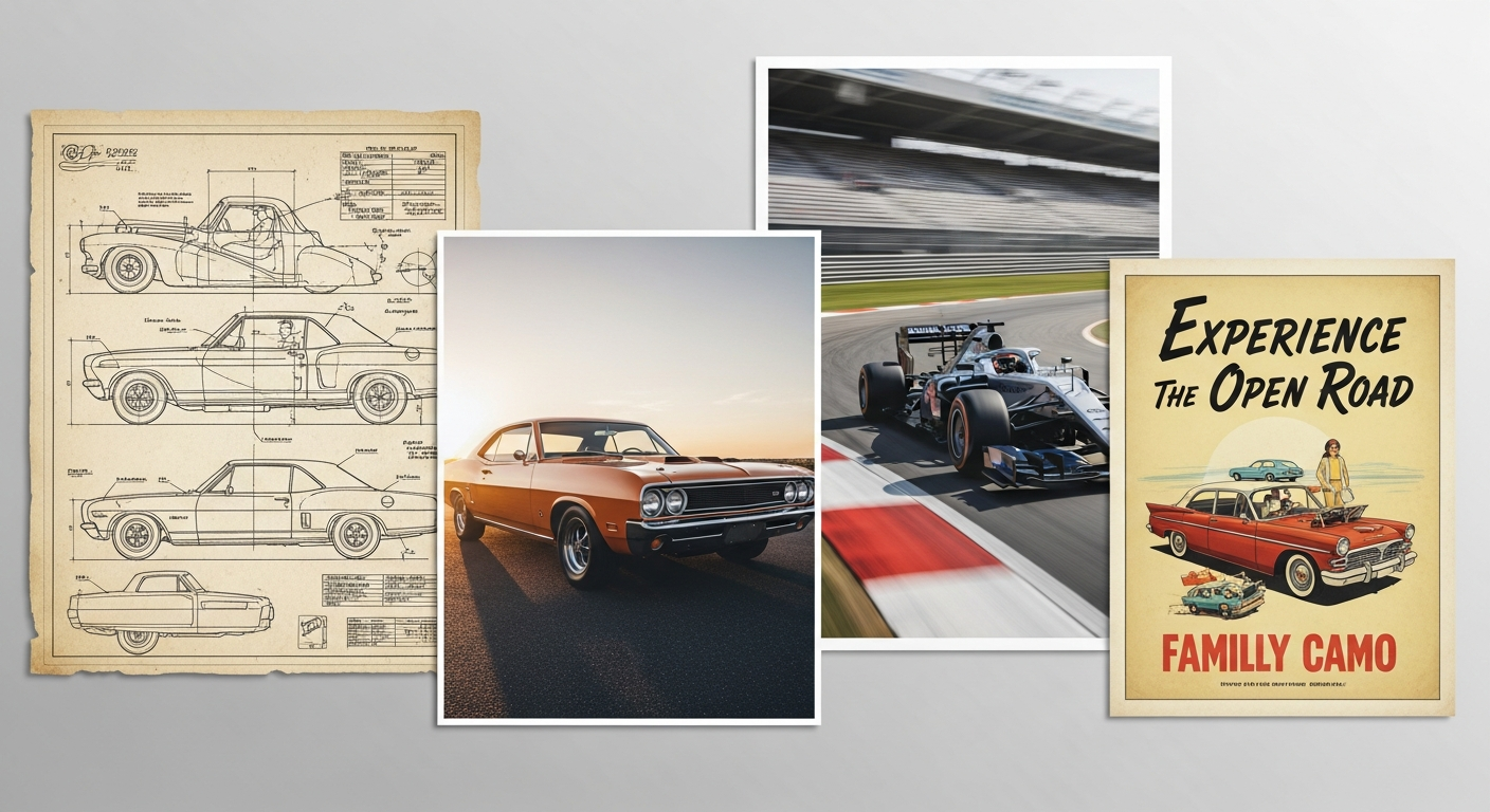 Finished custom car posters showing blueprint photo racing and classic car styles in various materials