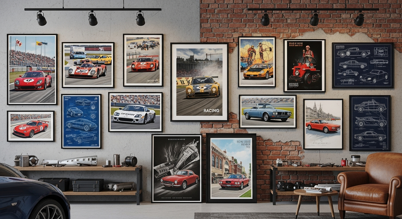 Custom car posters displayed in a garage and man cave setting showing racing vintage and blueprint styles