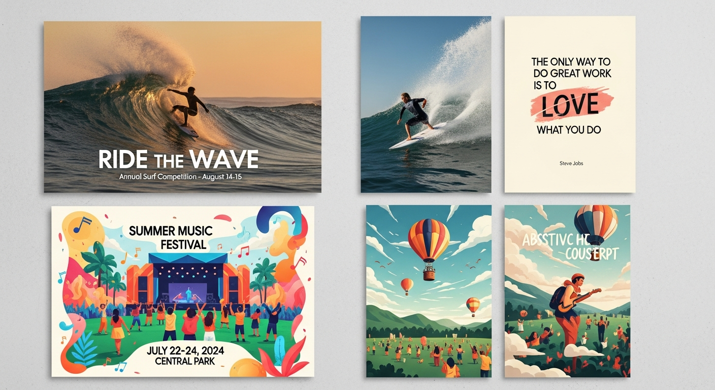 Examples of finished custom poster designs created using the step by step guide including photo typography and event posters