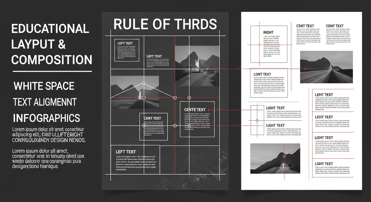 Poster layout and composition guide showing rule of thirds alignment grid and white space principles