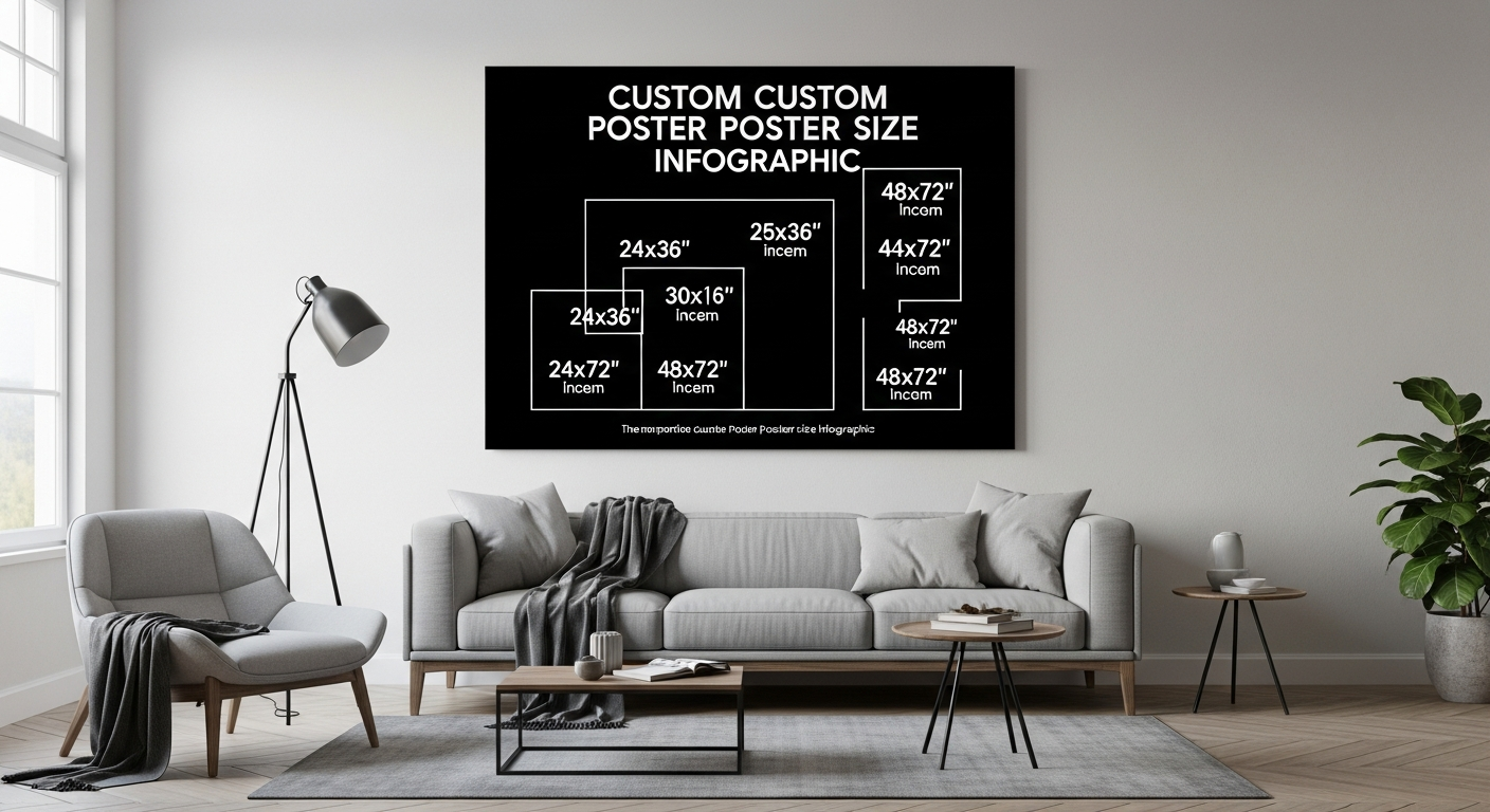 Large format custom poster sizes from 24x36 to 48x72 showing scale comparison in a room setting