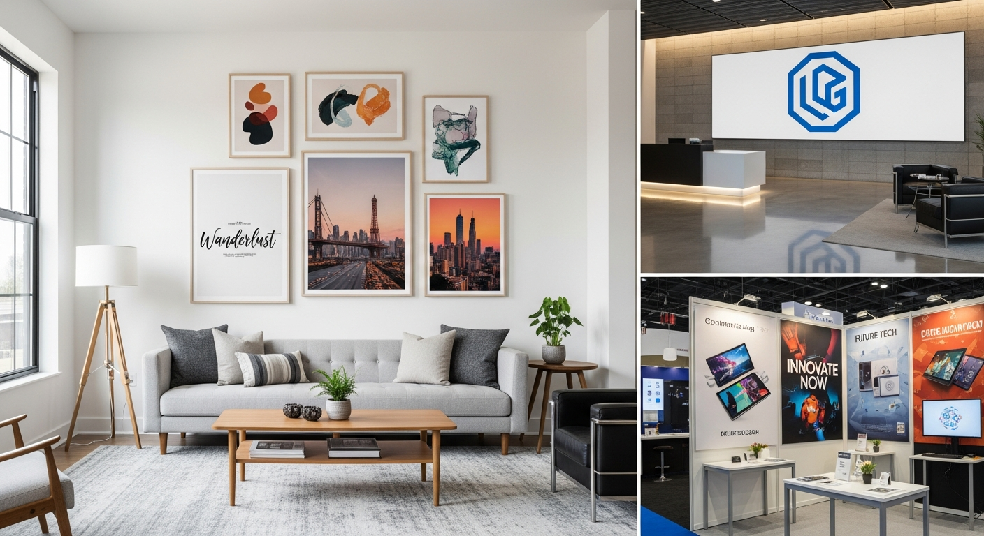 Large custom posters displayed in various settings including living room gallery office lobby and trade show booth