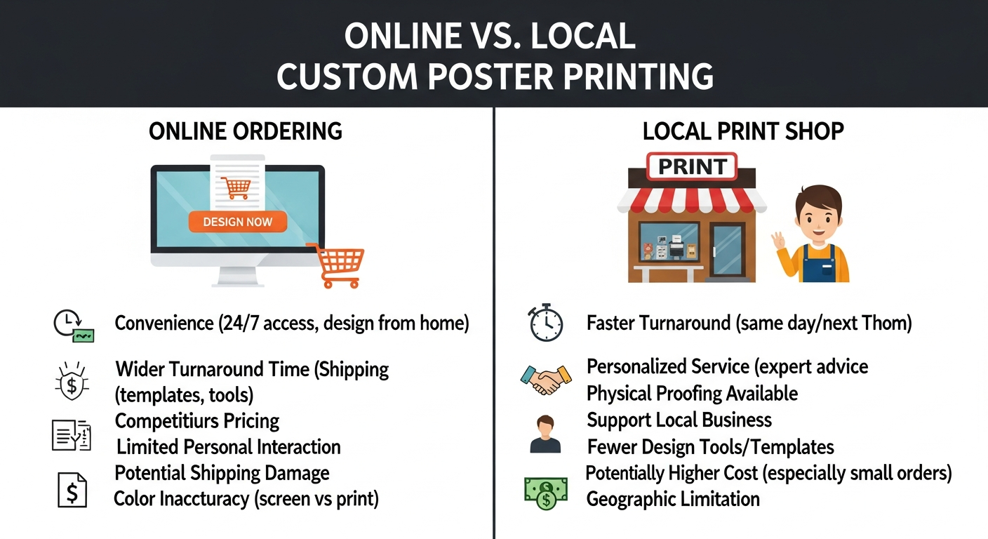 Side by side comparison of online and local custom poster printing showing when to choose each option
