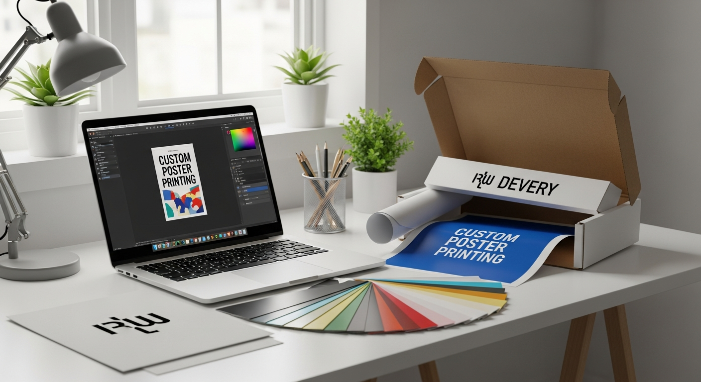Benefits of online custom poster printing showing design tool interface material selection and home delivery
