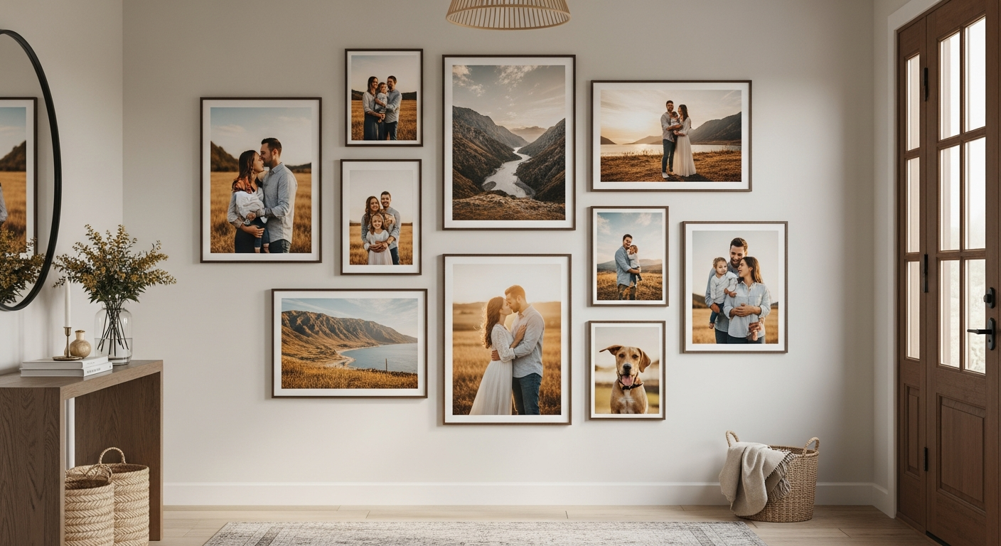 Beautiful finished gallery wall with custom photo posters showing family travel and pet portraits in a modern home