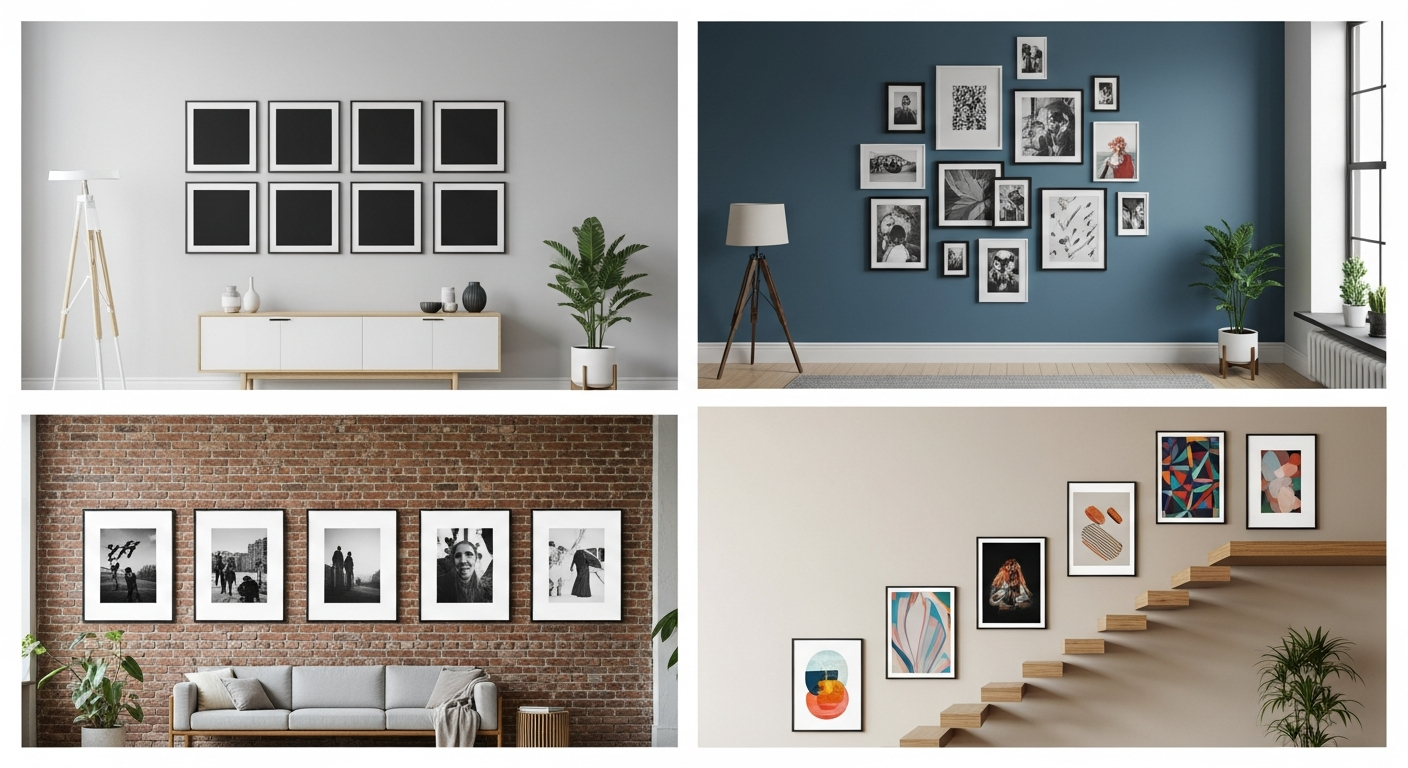 Gallery wall photo poster layout ideas showing grid salon style horizontal and staircase arrangements