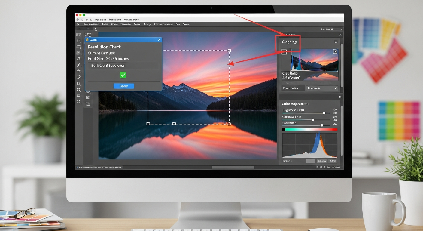 Photo preparation tips for custom poster printing showing resolution cropping and color adjustment steps