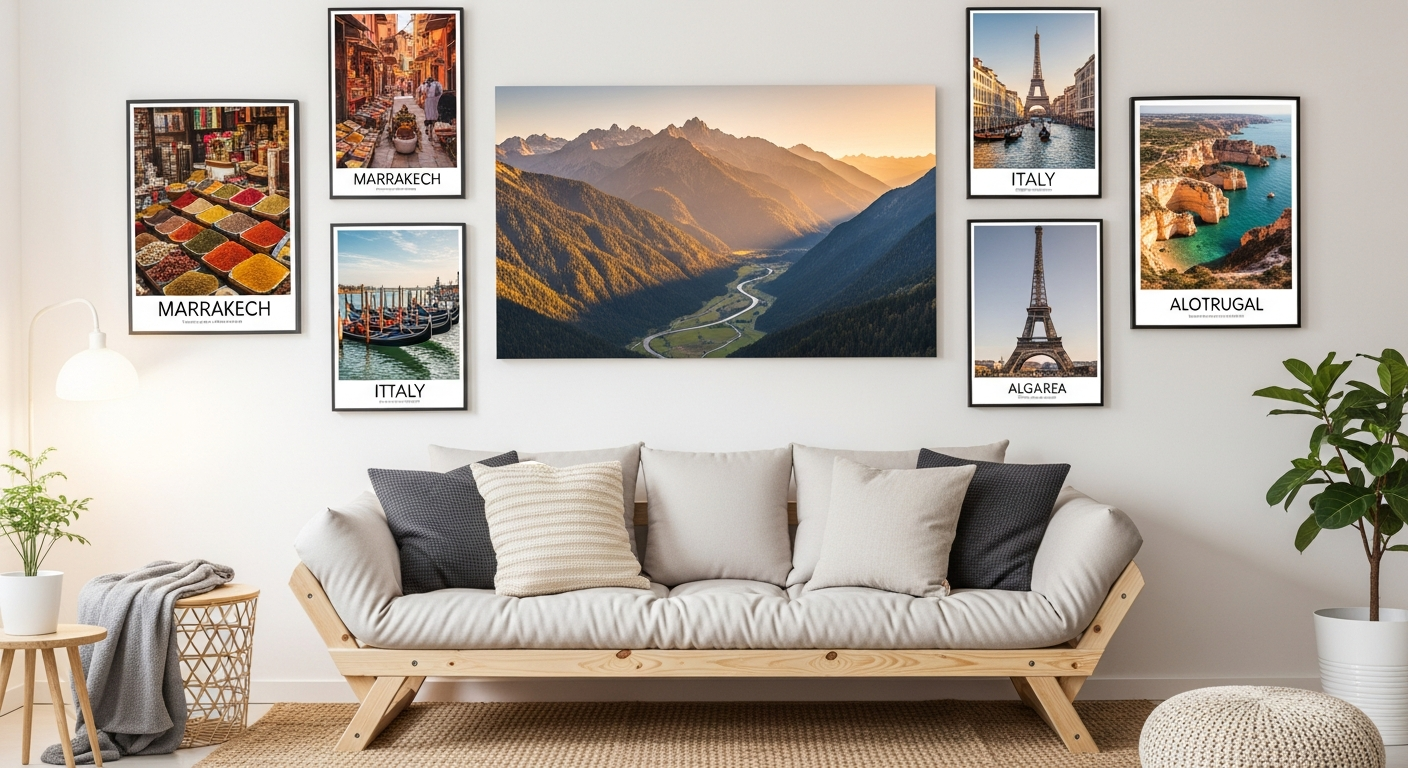 Custom travel photography posters showing panoramic landscapes and destination highlight prints on a living room wall