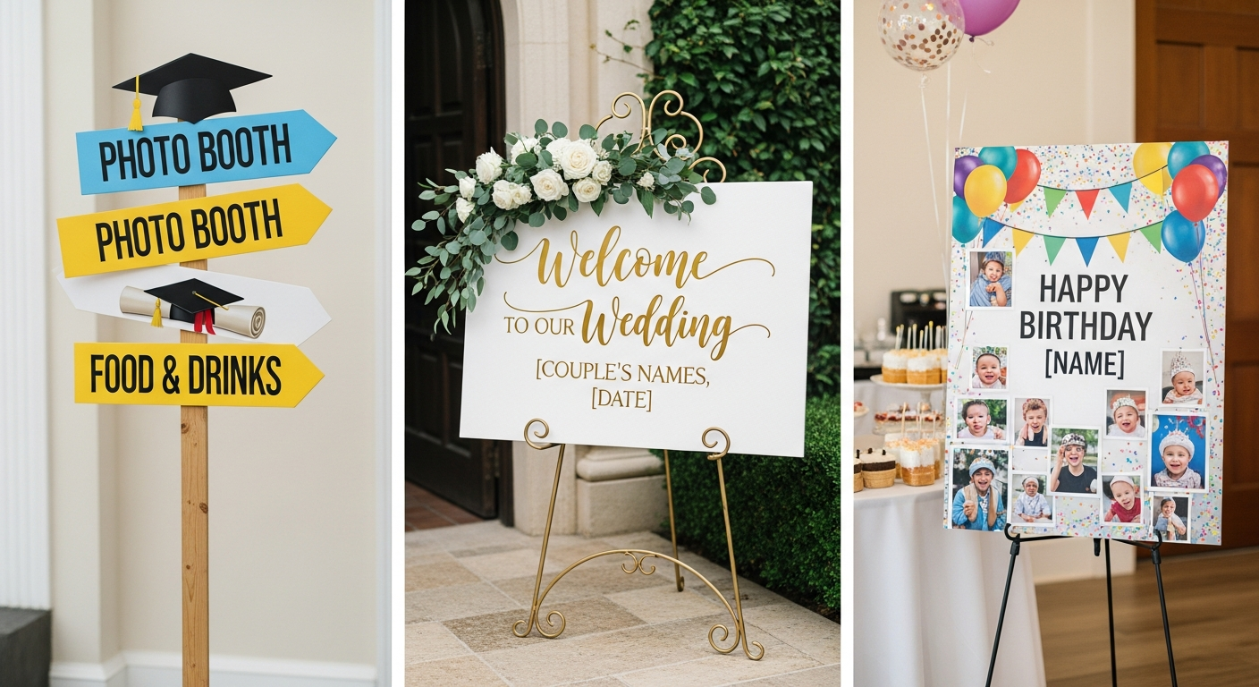 Custom poster board sign examples for events including wedding welcome seating chart and directional signs