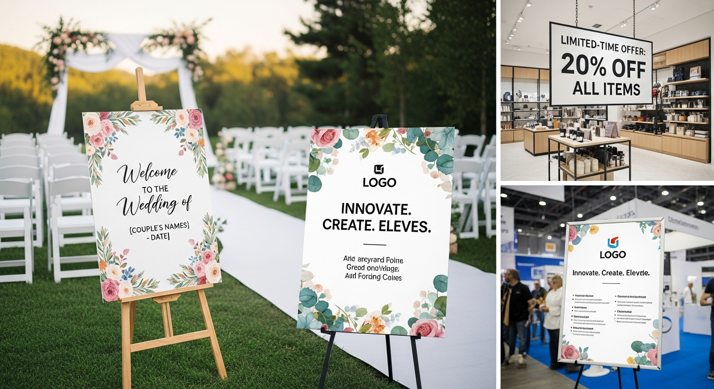 Finished custom poster board signs in various sizes displayed at events retail store and trade show booth