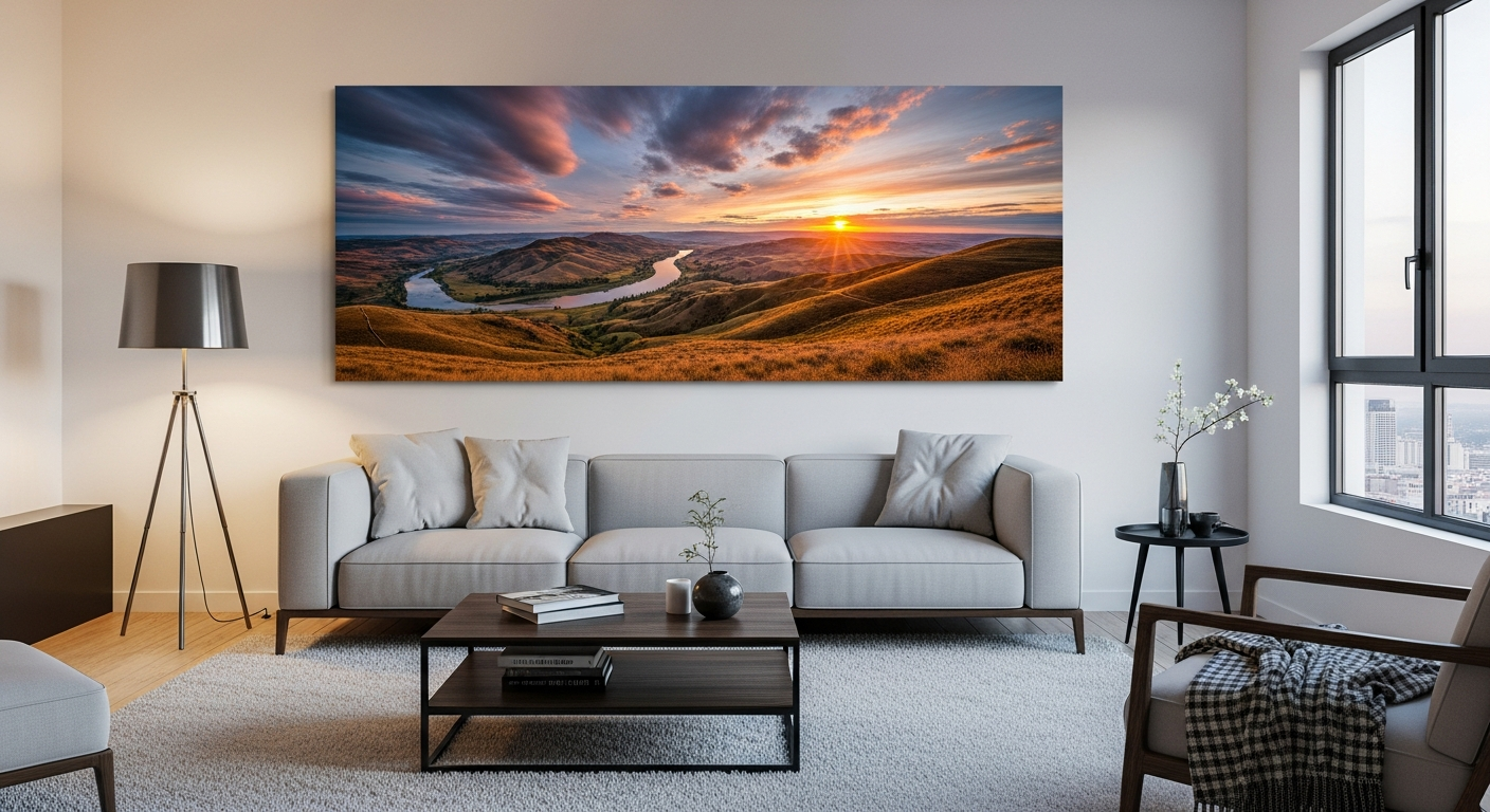 Custom panoramic poster sizes showing landscape photography in ultra-wide format on a living room wall
