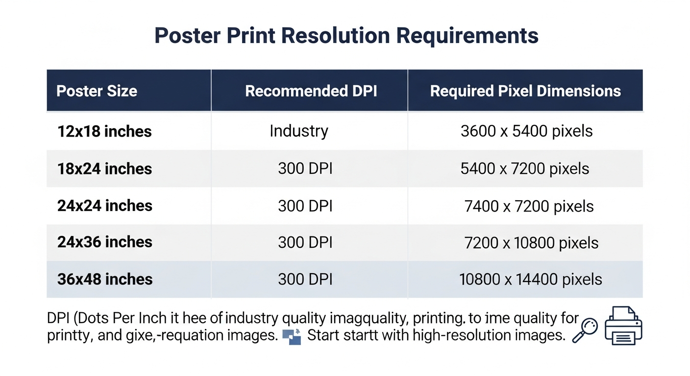 Resolution requirements chart showing DPI and pixel dimensions for different custom poster sizes