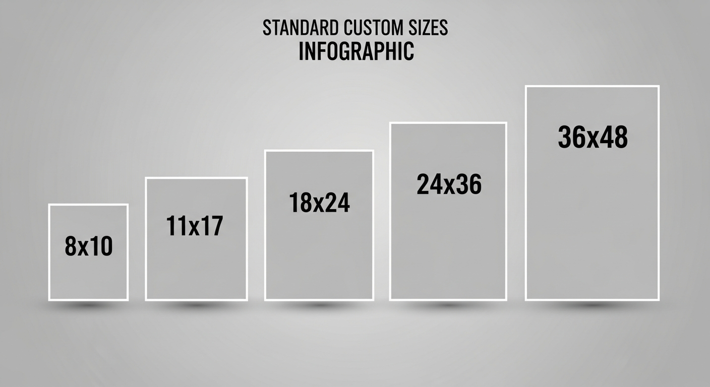 Visual comparison of standard custom poster sizes from 8x10 to 36x48 inches showing relative scale