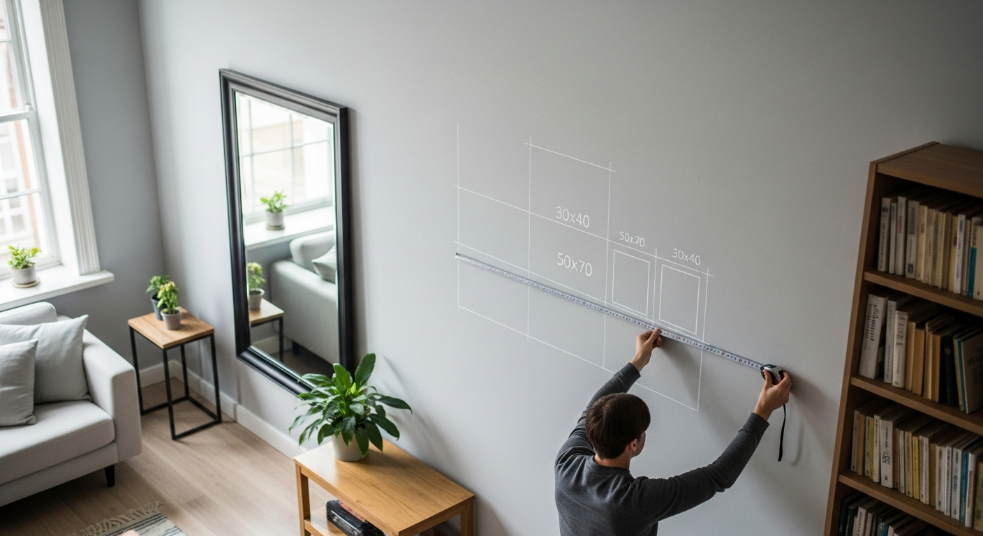 How to measure wall space for custom poster sizing showing furniture proportion guidelines