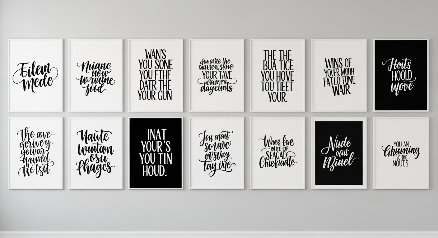 Collection of finished custom quote posters in various typography styles displayed on a gallery wall