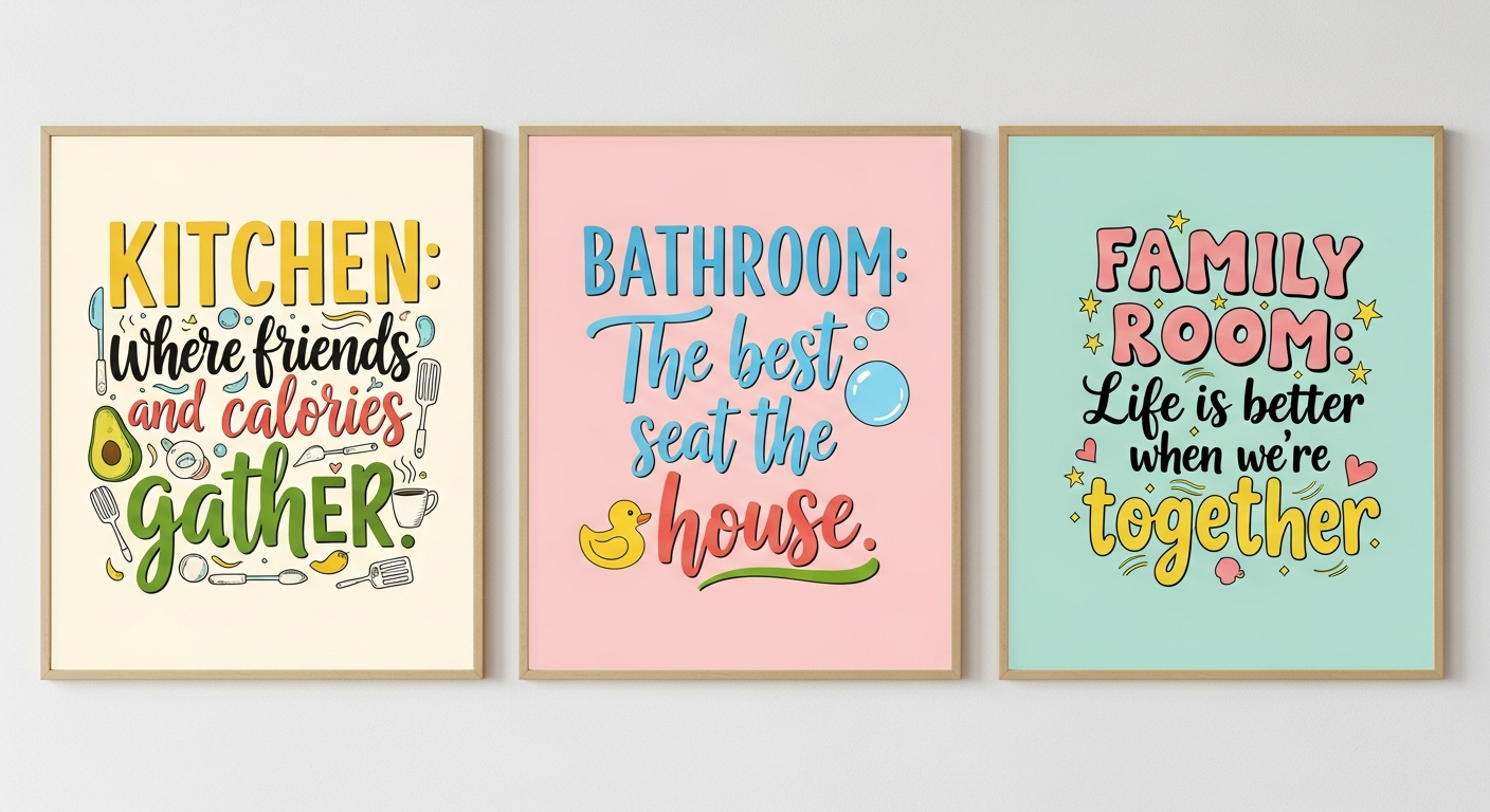 Fun and playful custom quote poster designs for kitchen bathroom and family room with humorous typography