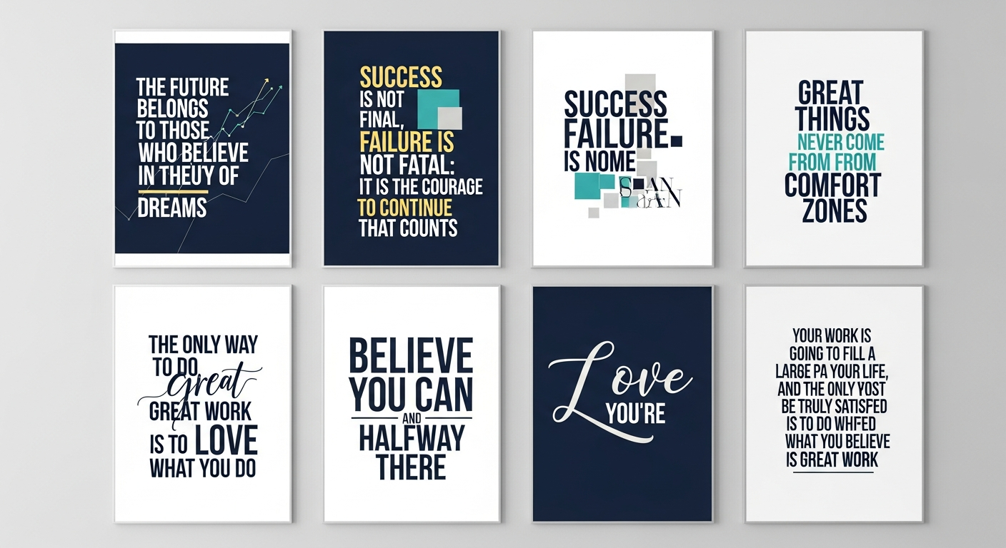 Motivational custom quote poster designs for office spaces showing professional typography and clean layouts