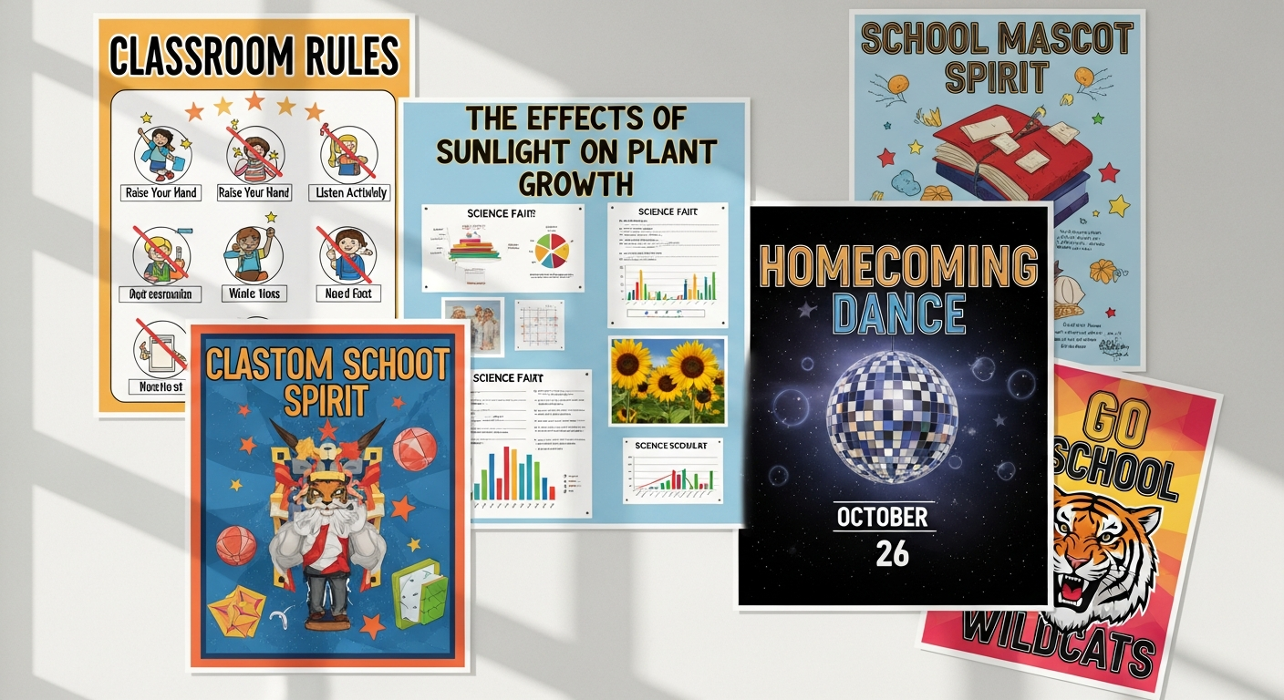 Collection of custom school posters showing classroom decor science fair boards event announcements and spirit displays