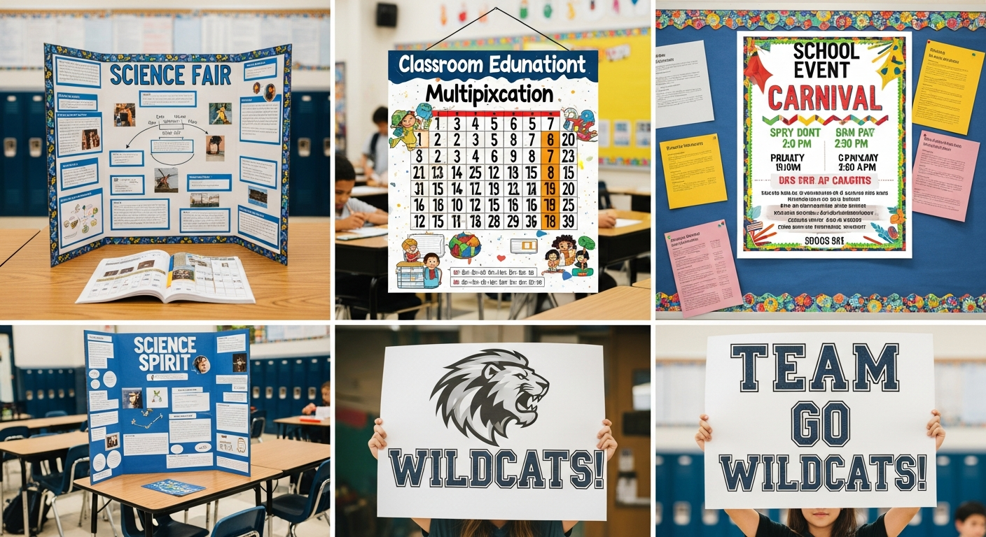 Types of custom school posters including classroom decor science fair event announcement and school spirit displays
