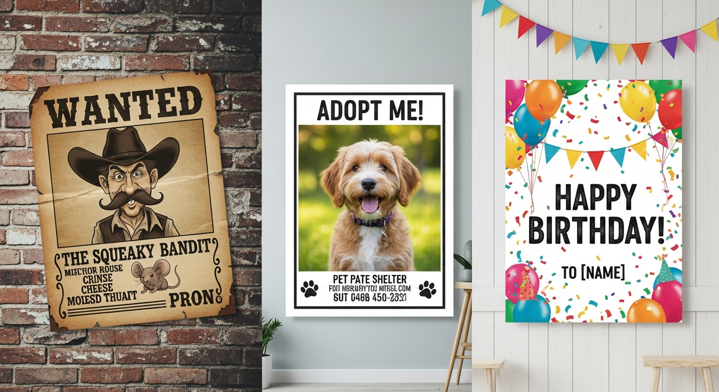 Finished custom wanted poster examples showing Western humorous and pet adoption poster designs printed and displayed