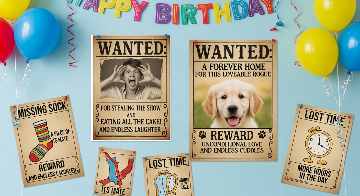 Creative custom wanted poster use cases showing birthday party decoration and pet adoption examples