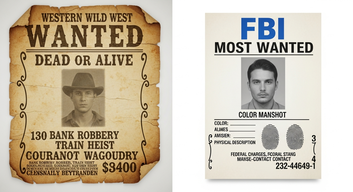Comparison of Western Wild West and FBI most wanted custom poster styles with typography examples