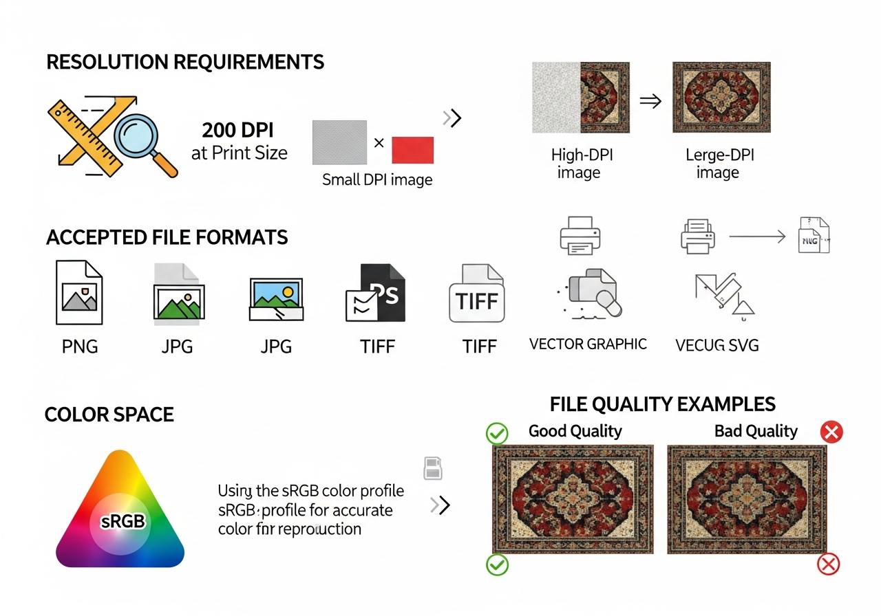 Visual guide showing resolution requirements file formats and color space settings for custom rug printing
