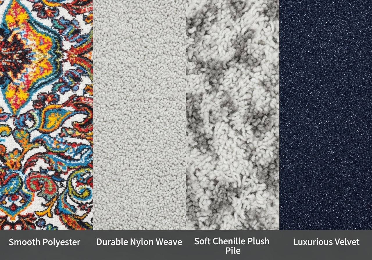 Side-by-side comparison of polyester nylon chenille and velvet custom rug materials showing texture and print quality differences