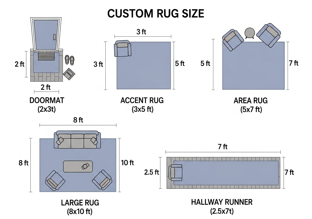Custom rug size comparison diagram showing doormat accent area and runner dimensions with room placement recommendations
