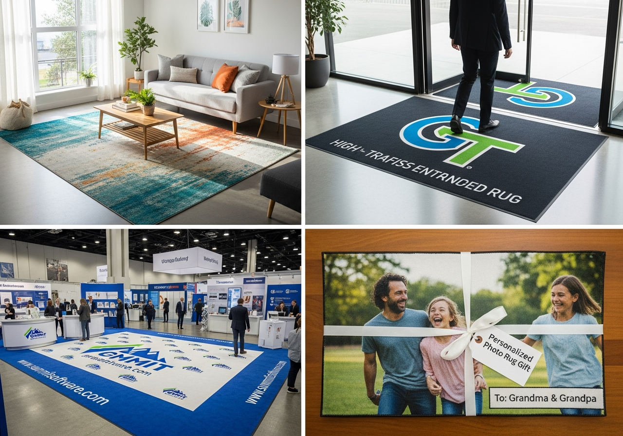 Grid showing custom rug ideas for home decor business branding events and personalized gifts