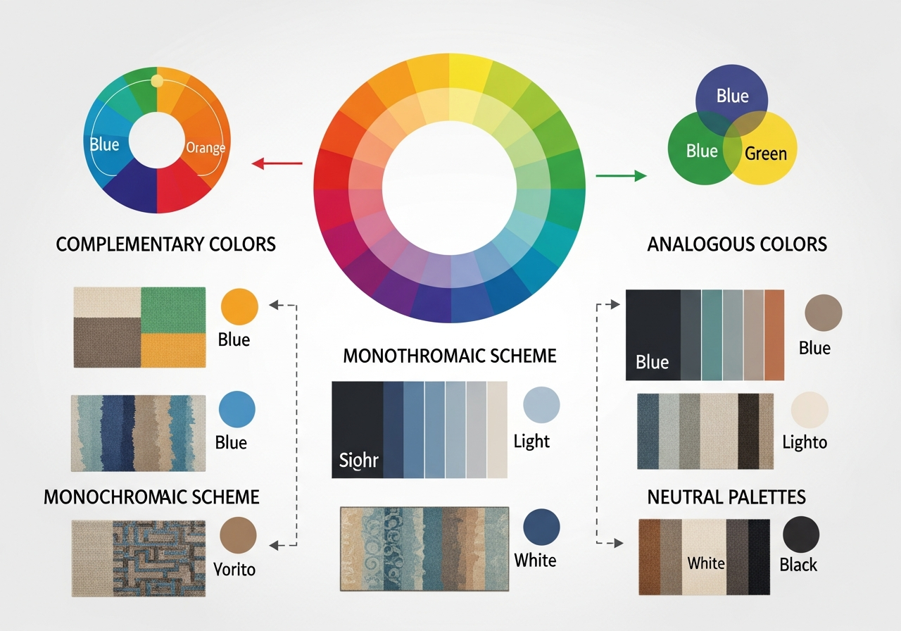 Color theory wheel applied to custom rug design showing complementary analogous and triadic color schemes with rug examples