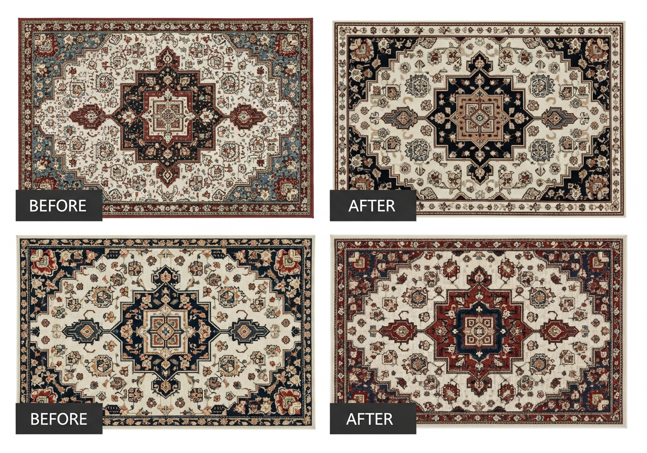 Before and after examples of common custom rug design mistakes including cluttered layouts poor contrast and bad font choices