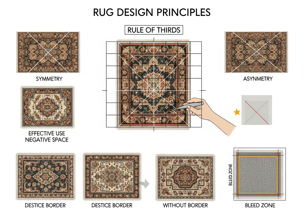 Visual guide to rug layout composition rules including rule of thirds margin spacing visual hierarchy and balance principles